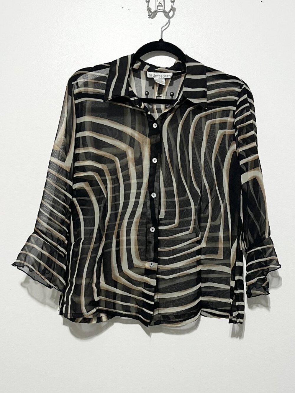 Womens Sheer Ruffle Button Up Blouse L Black Printed Artsy Maximalist Gallery